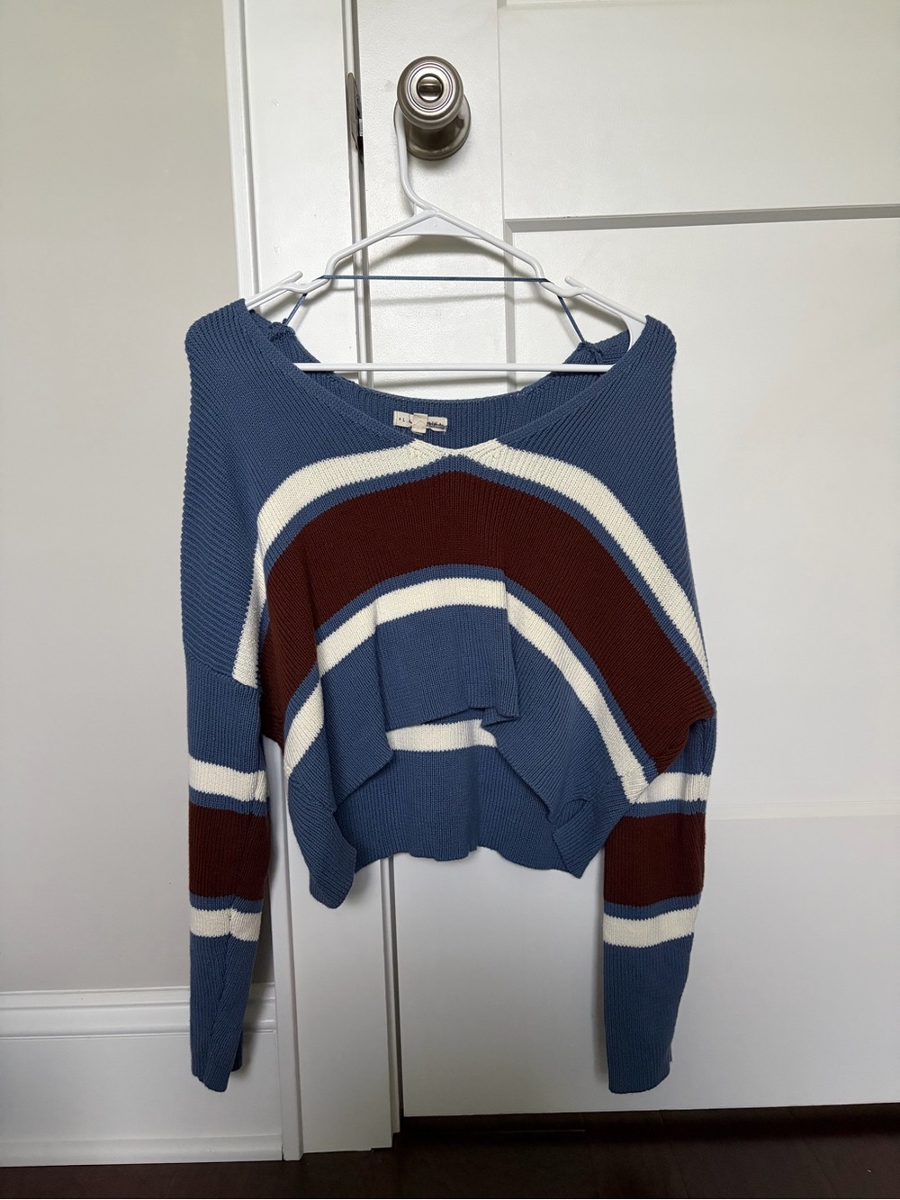 La Hearts Blue, Brown & White Striped Cropped Knit Sweater